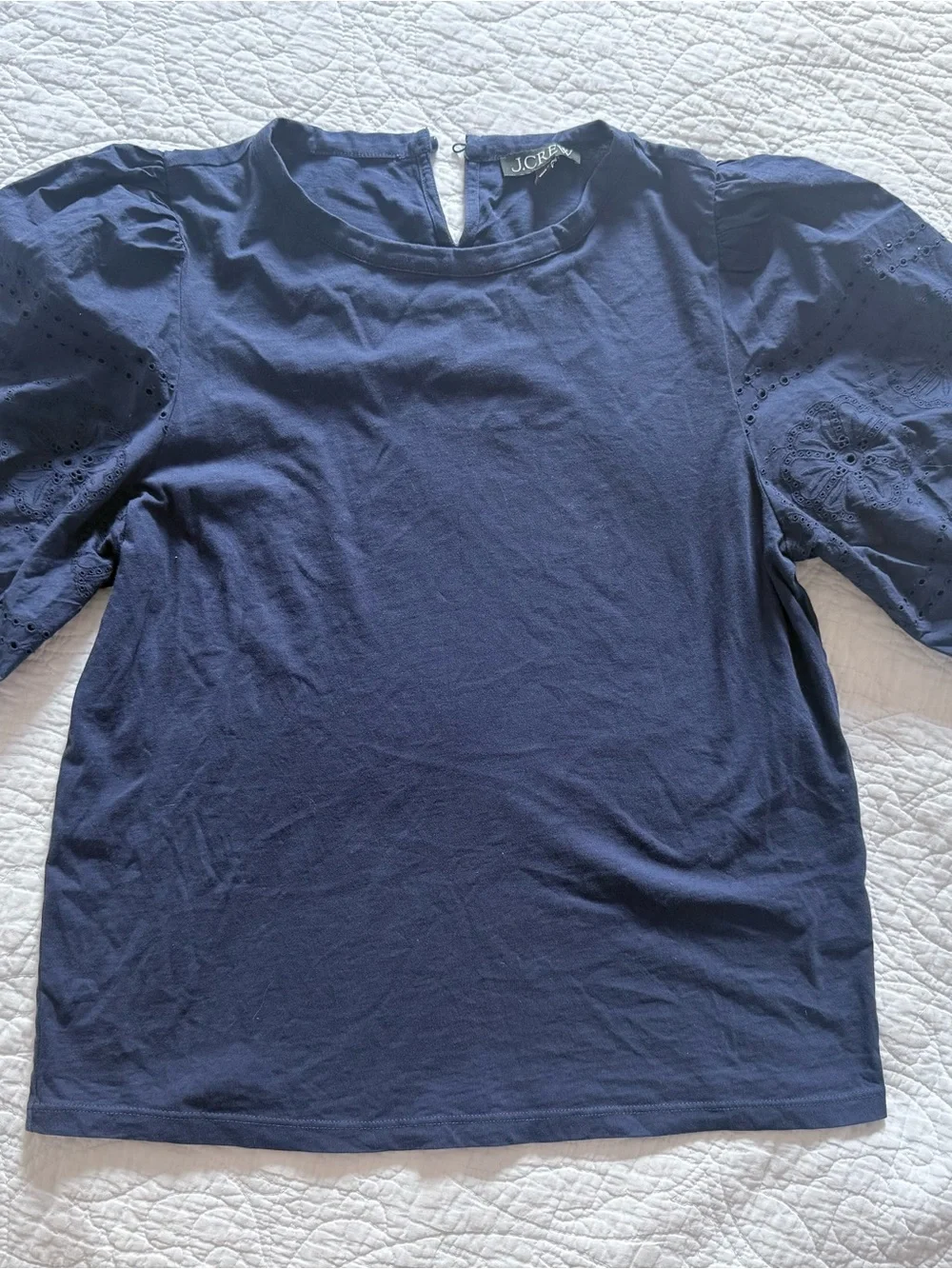 J Crew Broken-In Jersey Puff-sleeve EUC Dark Blue Eyelet Top Button Closure | M